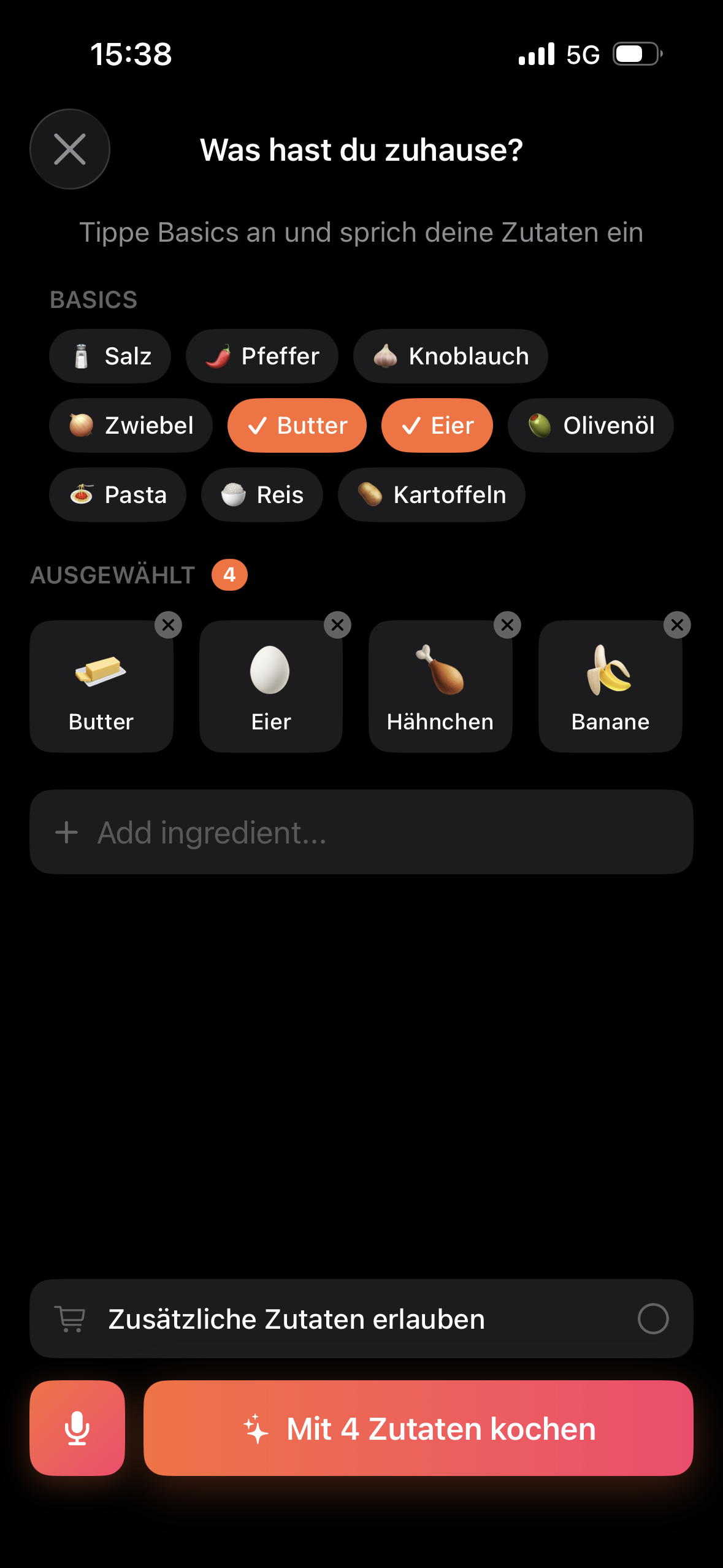 Flamiq Zutaten-Auswahl mit Basics und Sprach-Eingabe