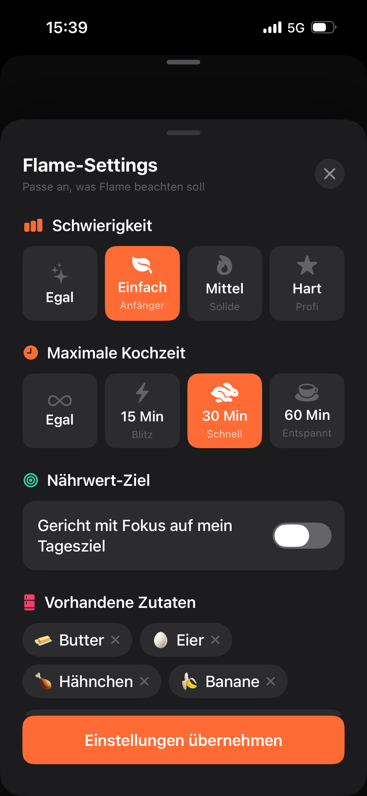 Flamiq Flame Settings: Regler für Stimmung, Zeit und Aufwand