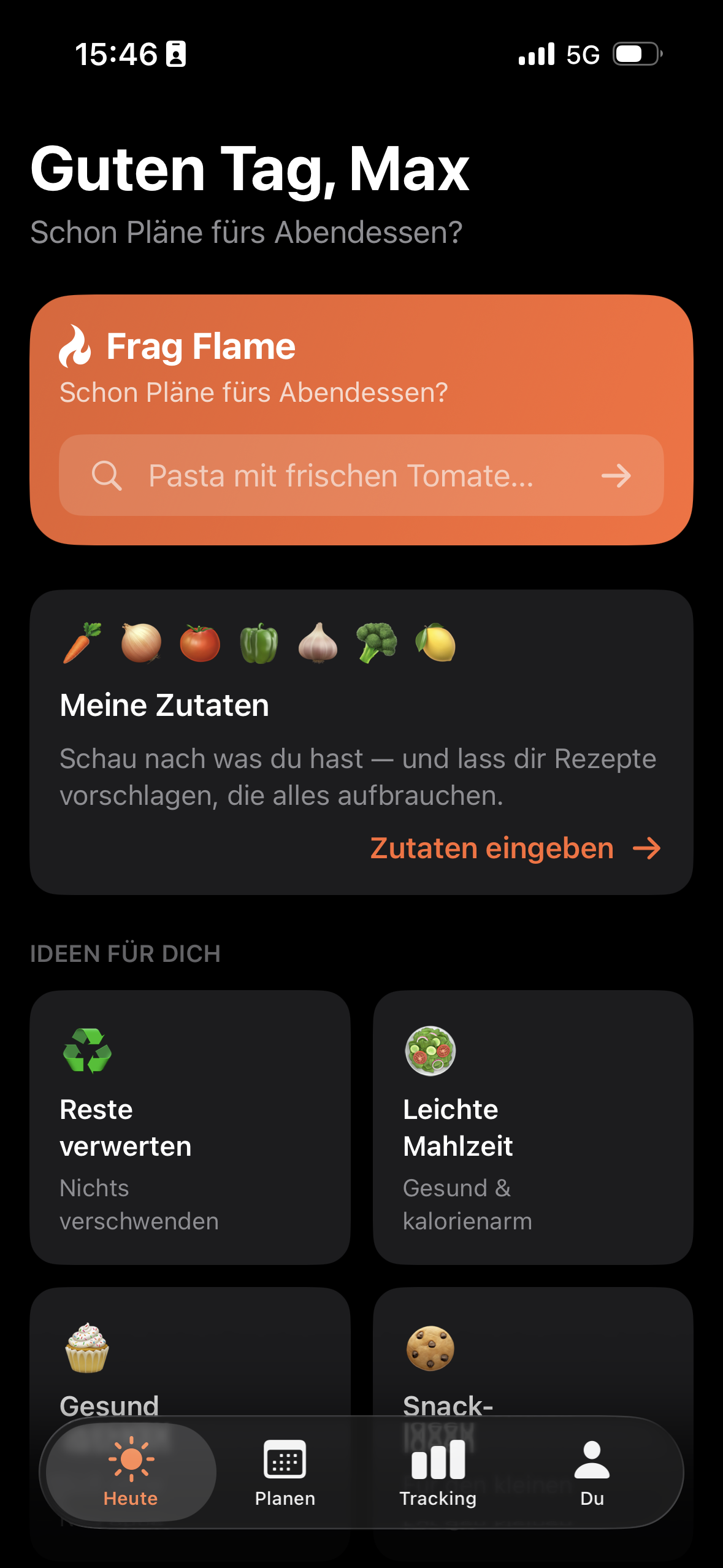 Flamiq App: Startseite mit persönlichem Koch-Dashboard und Tagesübersicht